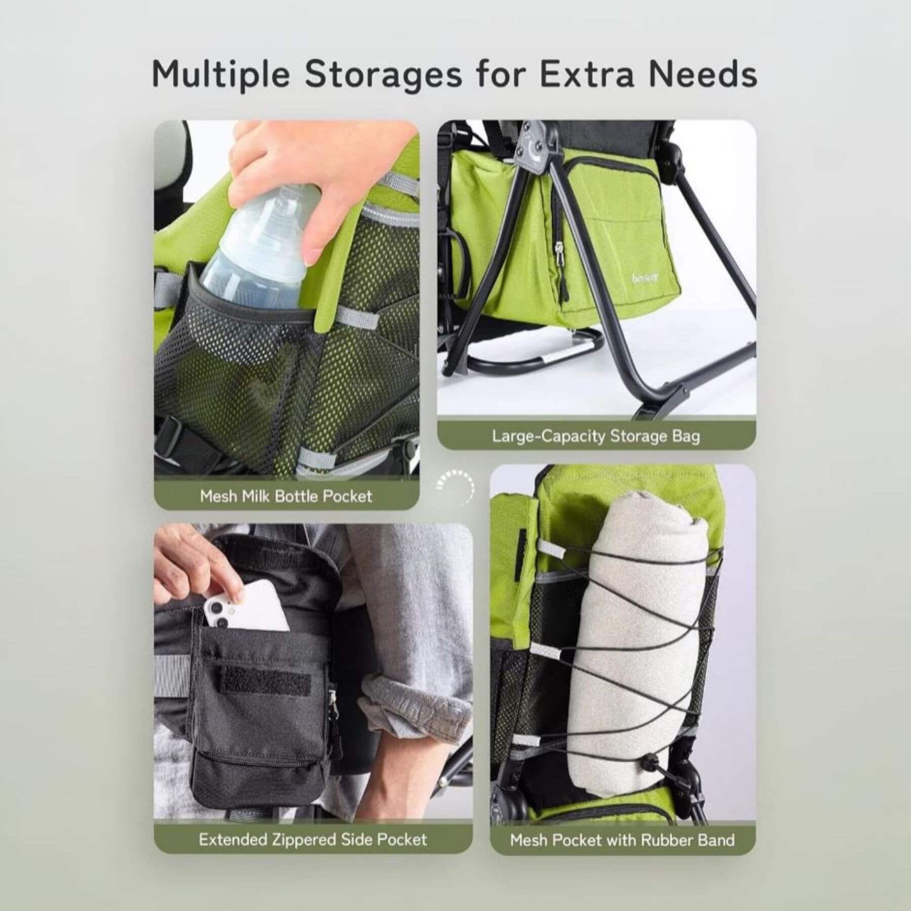 Product display of a stroller with multiple storage compartments and accessories.