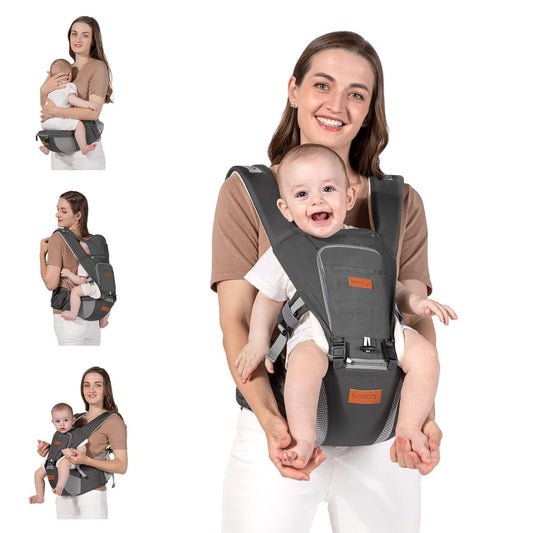 Woman using Besrey Carrier with Front Facing Holder with a smiling baby, with multiple views of the carrier on a white background.