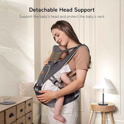 Woman holding a baby in Besrey Carrier with Front Facing Holder in a home setting.