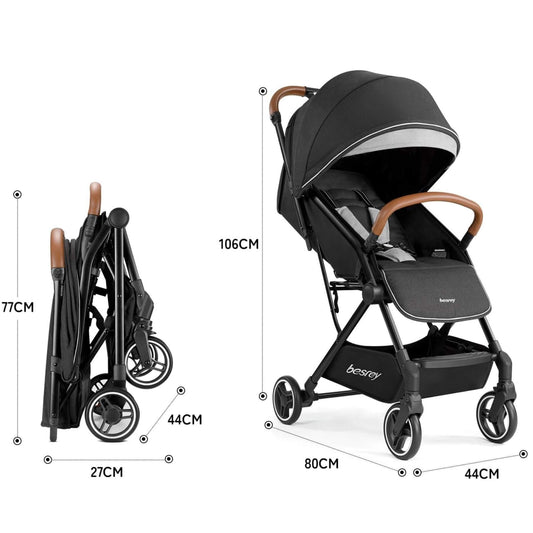 Besrey Extra Light and Compact Baby Stroller with dimensions indicated
