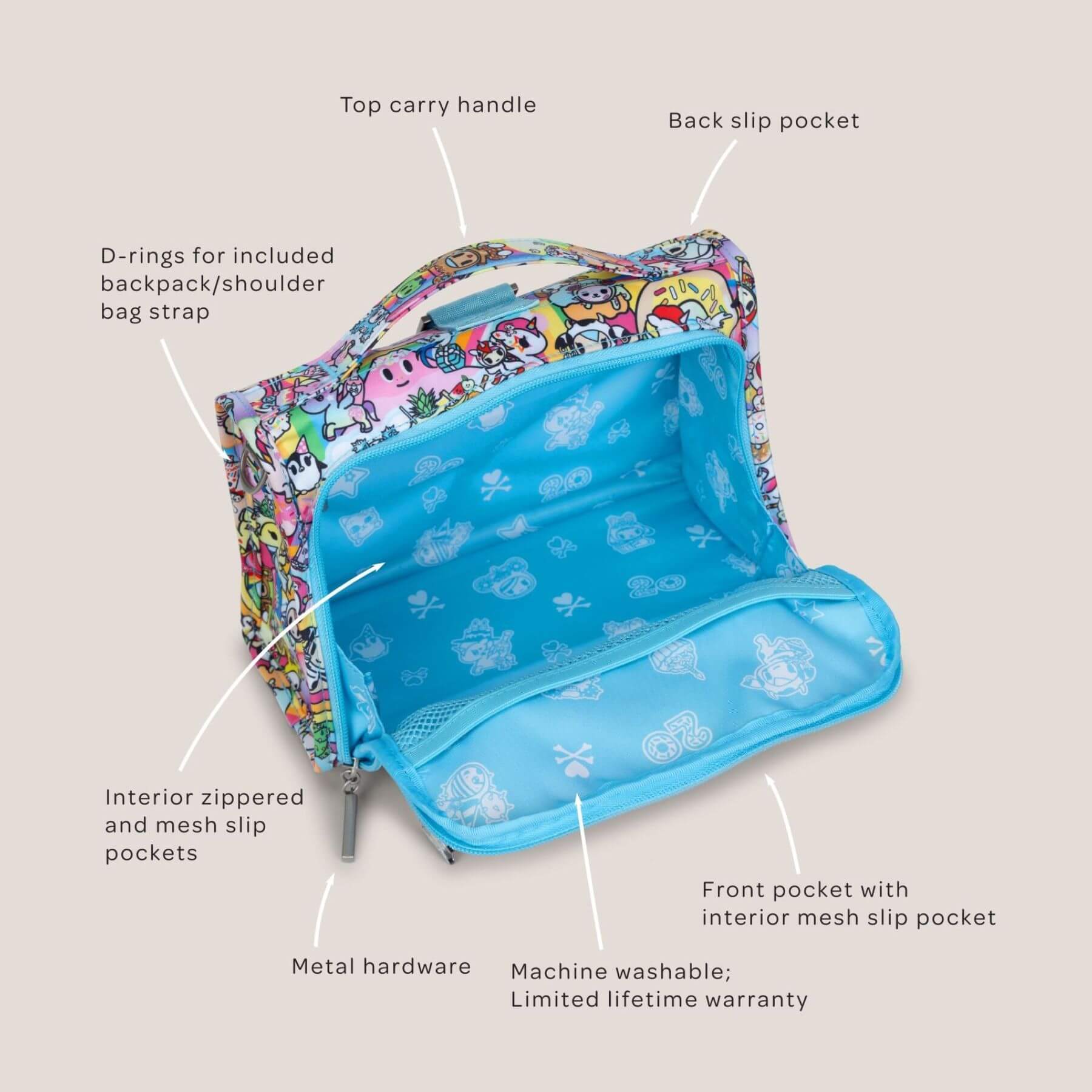 tokidoki The Bestie Small Messenger Handbag with labeled features on a beige background