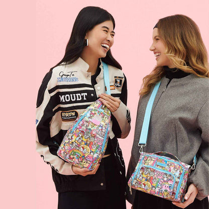 Two women holding tokidoki The Bestie Small Messenger Handbags