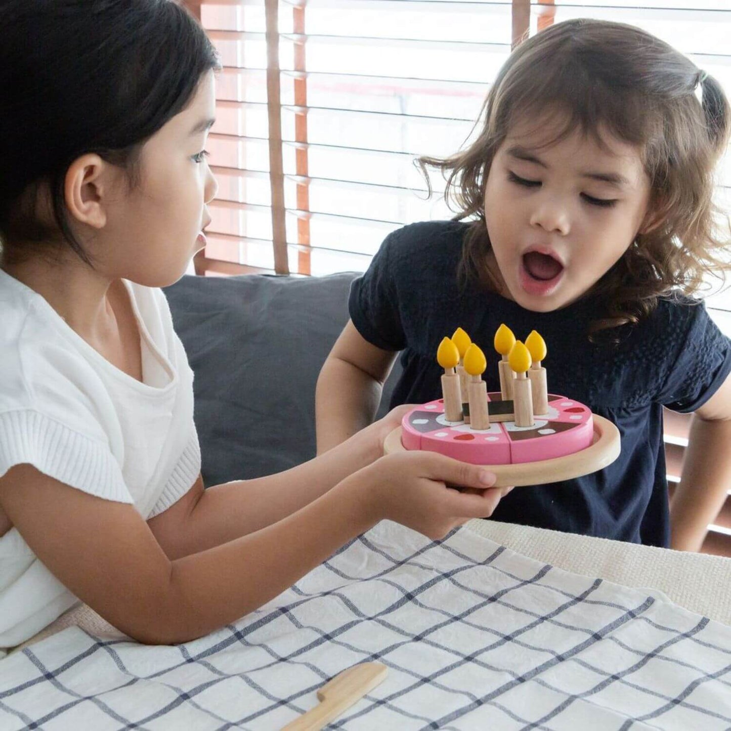 Girls Playing PlanToys Birthday Cake Set