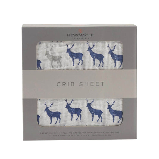 Newcastle Classics Blue Deer Cotton Muslin Crib Sheet in package