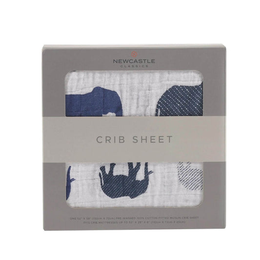 Newcastle Classics Blue Elephant Cotton Muslin Crib Sheet in package