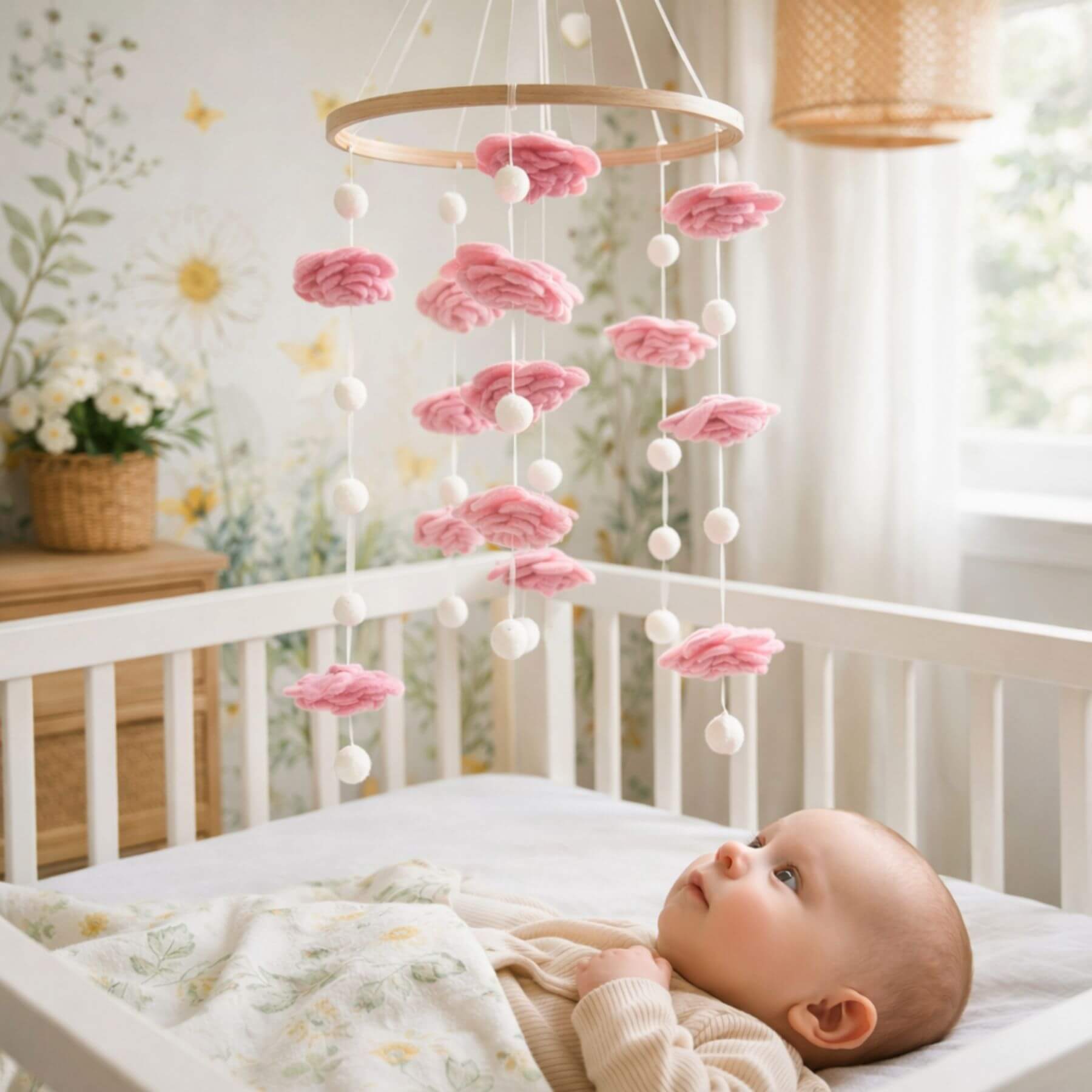 Baby lying in a crib with Ganapati Crafts Co. Blush Rose Flower Baby Mobile above
