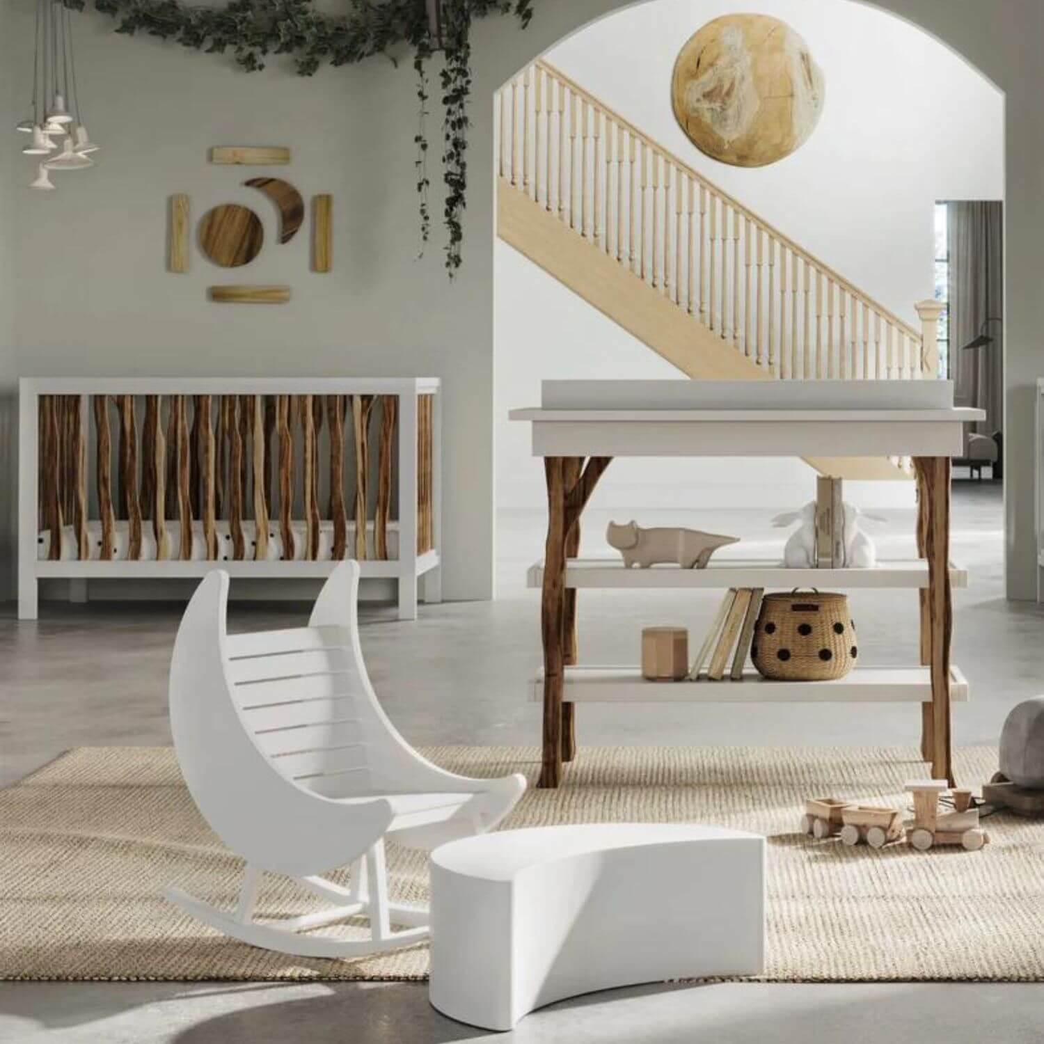 Milk Street Branch Open Shelf Changing Table Acacia with Snow - Lifestyle