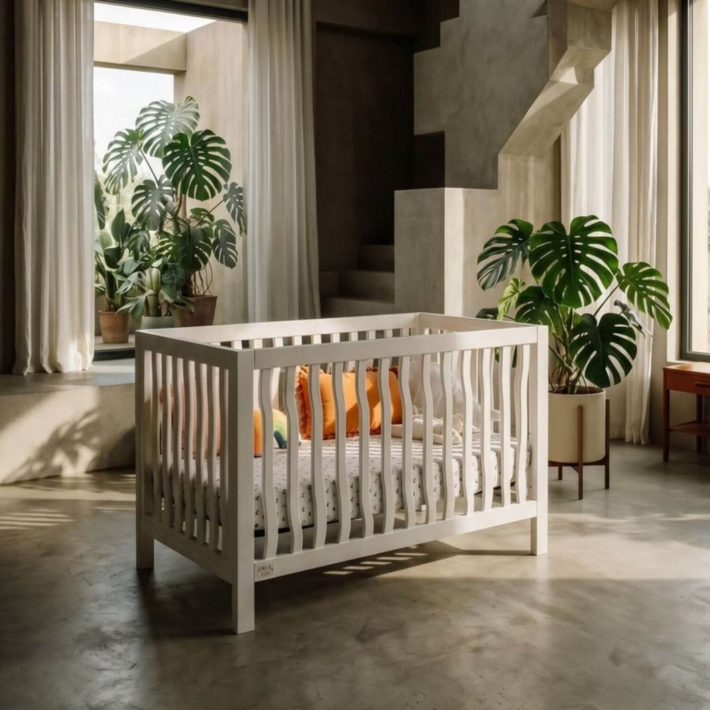 White crib in a modern room with plants and large windows