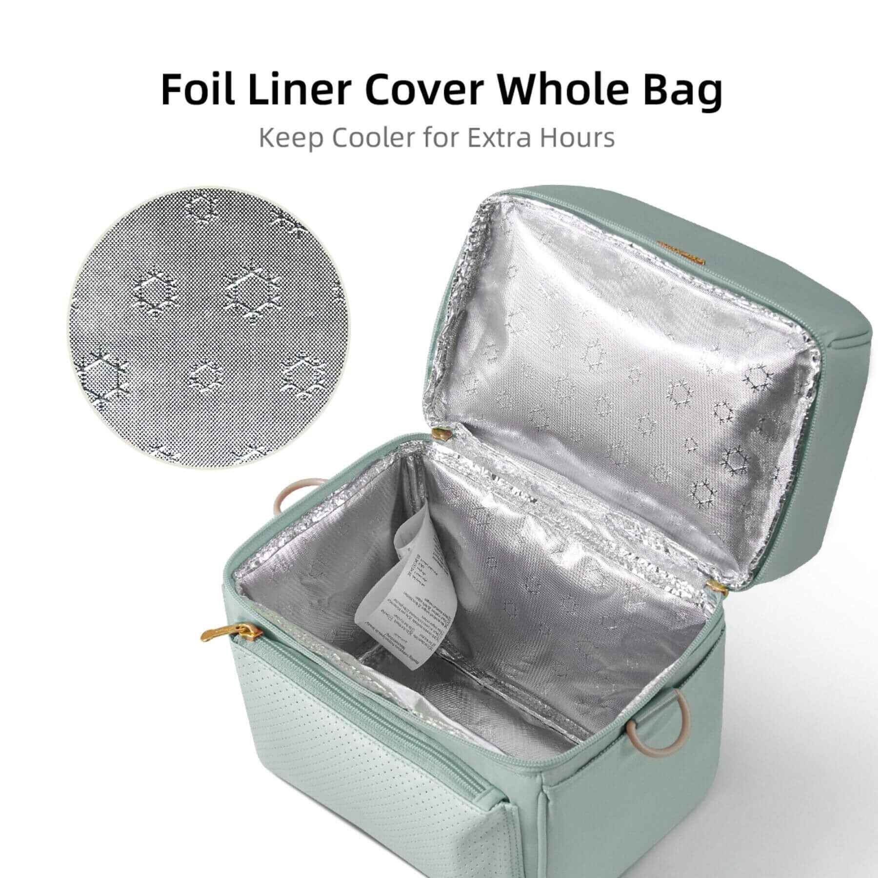 Mint green cooler bag with open lid showing foil liner and text about extending cooler life.