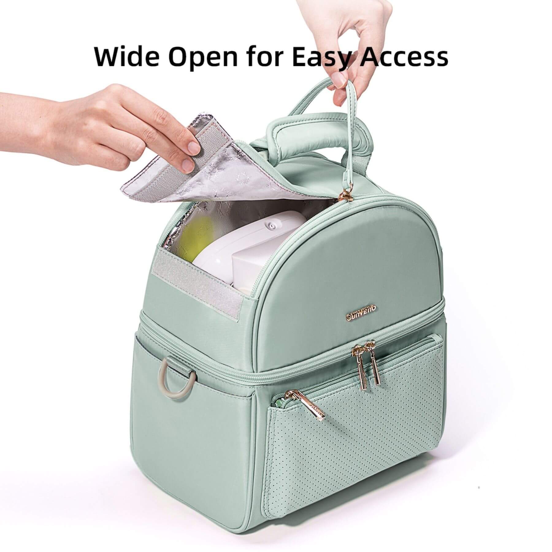Sunveno Breastmilk Cooler Bag - Green with a hand opening it to reveal contents on a white background.