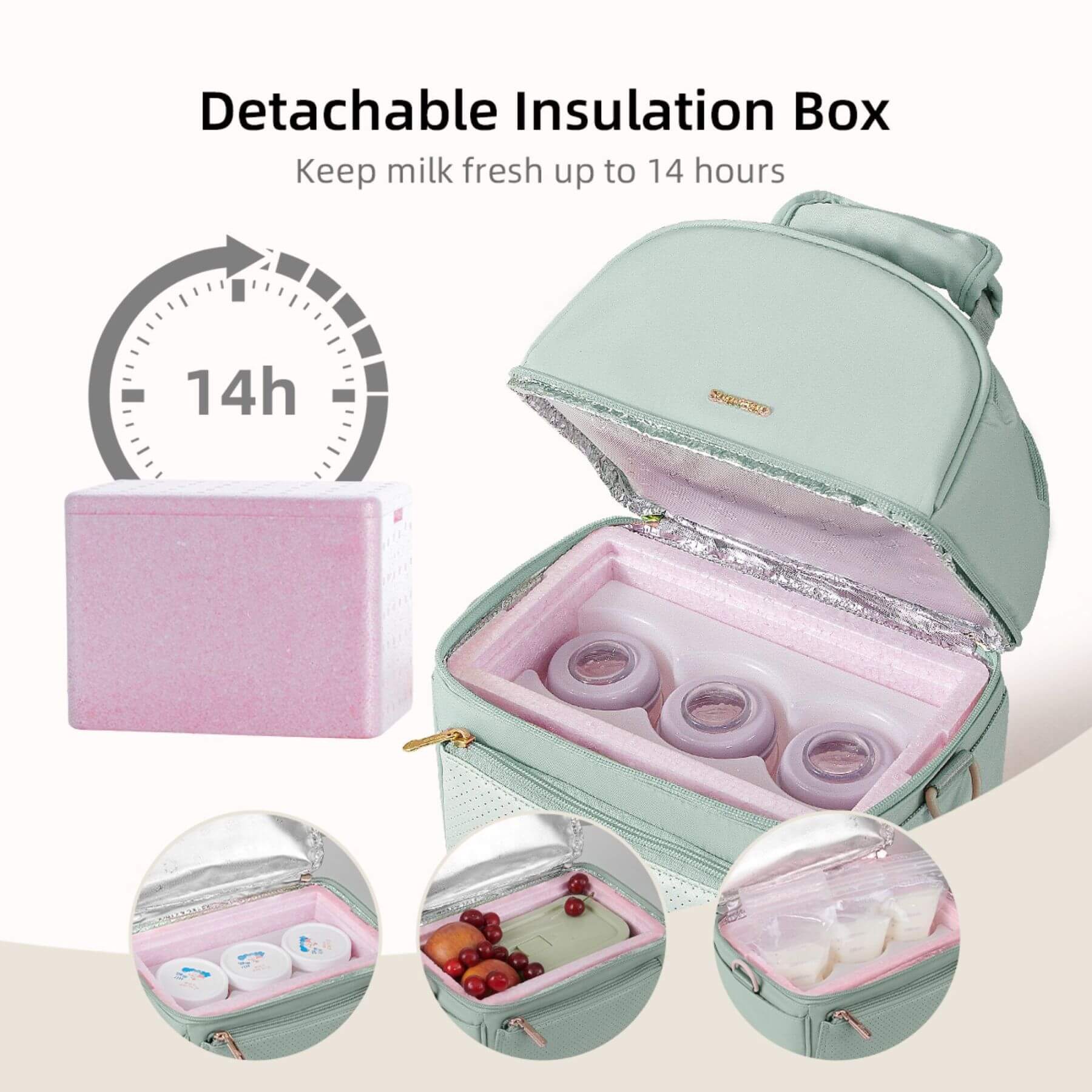 Detachable insulation box for keeping milk fresh with pink interior and detachable insulation pad.