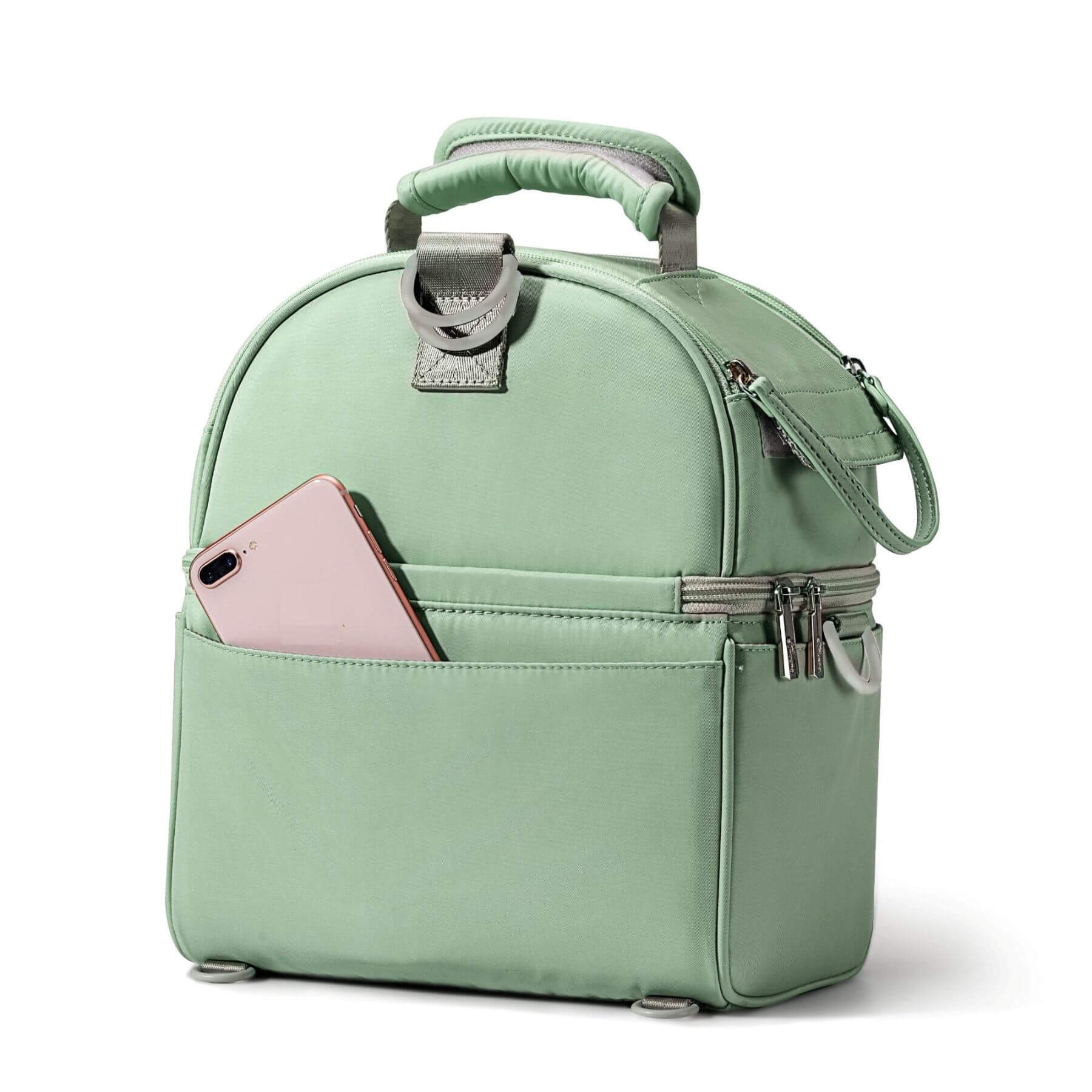 Sunveno Breastmilk Cooler Bag - Green with a phone in the front pocket on a white background
