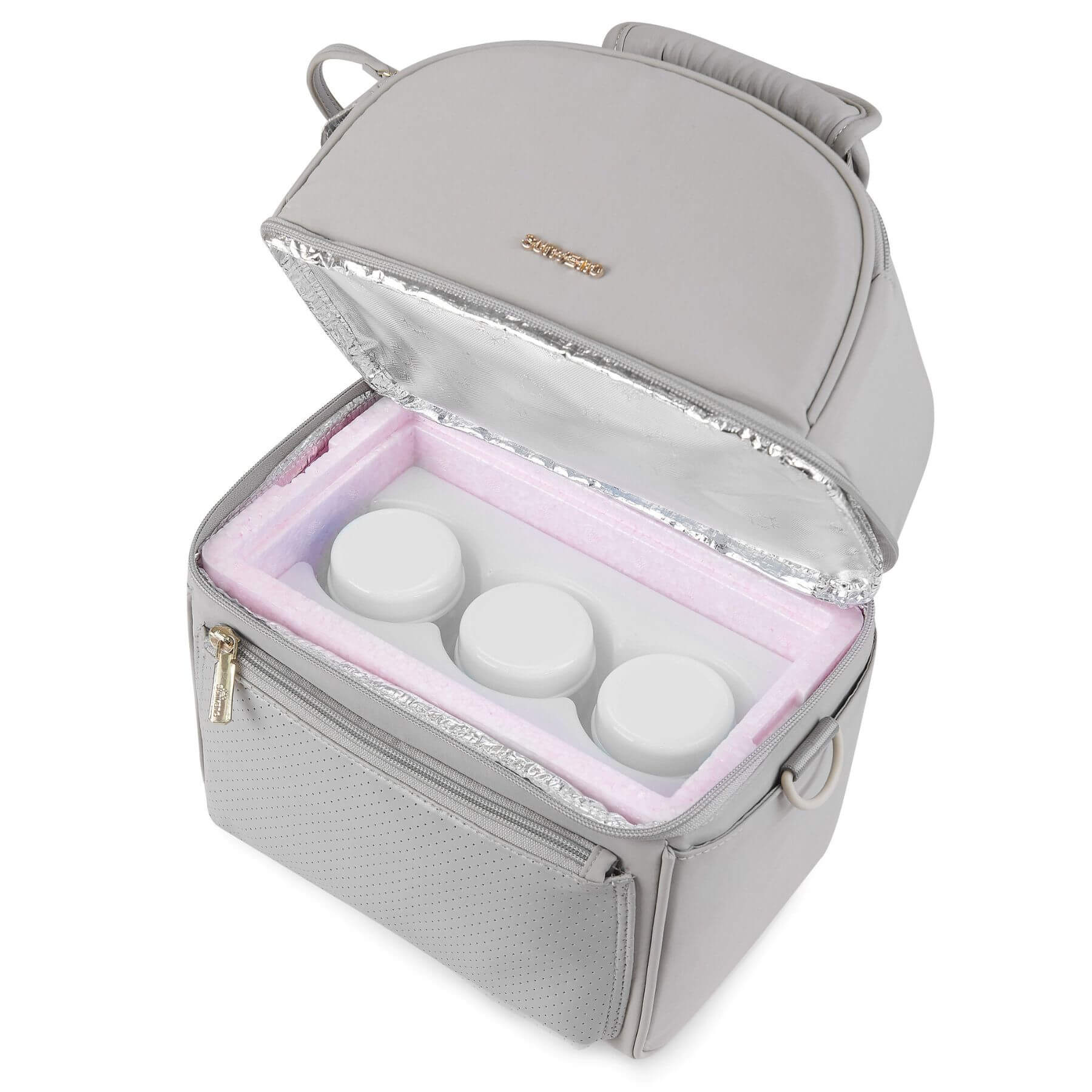 Sunveno Breastmilk Cooler Bag with Detachable Insulation Box Set - Grey interior containing white spherical items on a white background