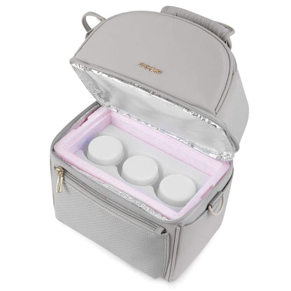 Sunveno Breastmilk Cooler Bag with Detachable Insulation Box Set - Grey interior containing white spherical items on a white background