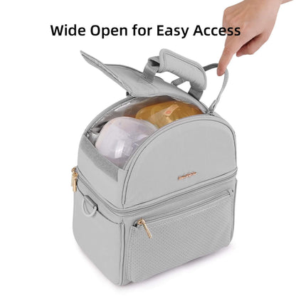 Sunveno Breastmilk Cooler Bag - Grey with a wide-open lid showing food items, labeled 'Wide Open for Easy Access'.