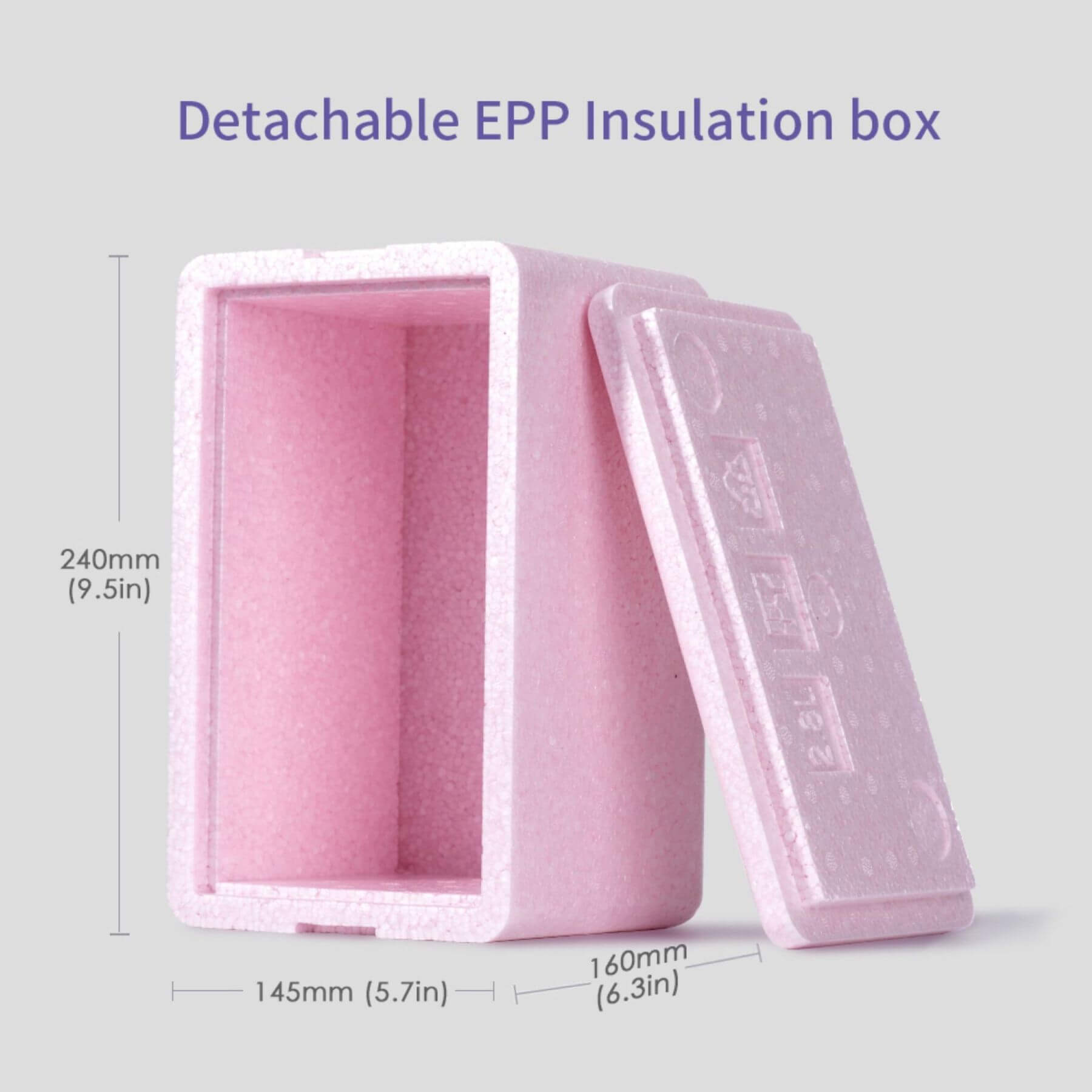 Pink detachable EPP insulation box with dimensions on a light purple background