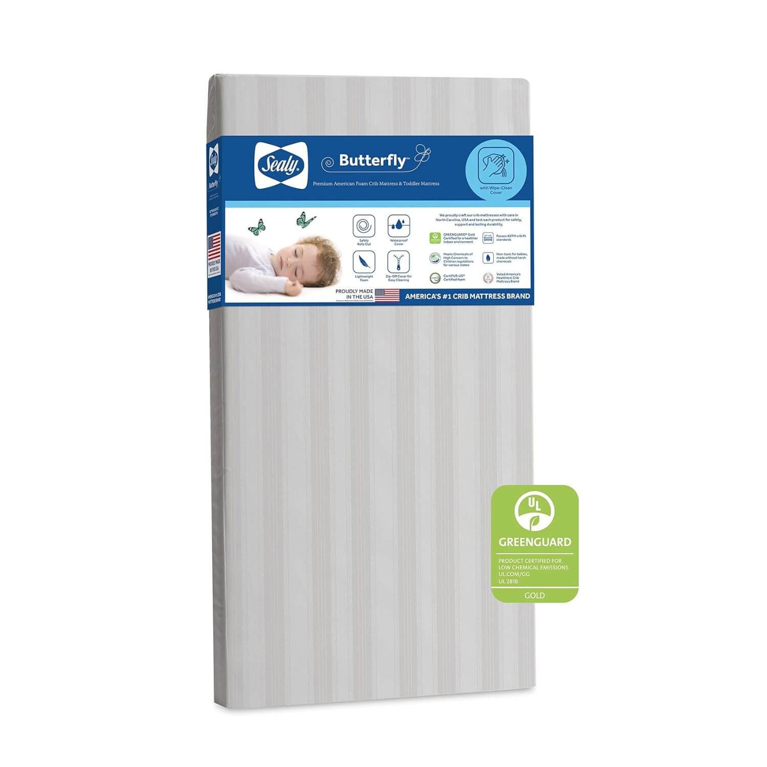 Sealy Butterfly Waterproof Crib & Toddler Mattress White Stripe