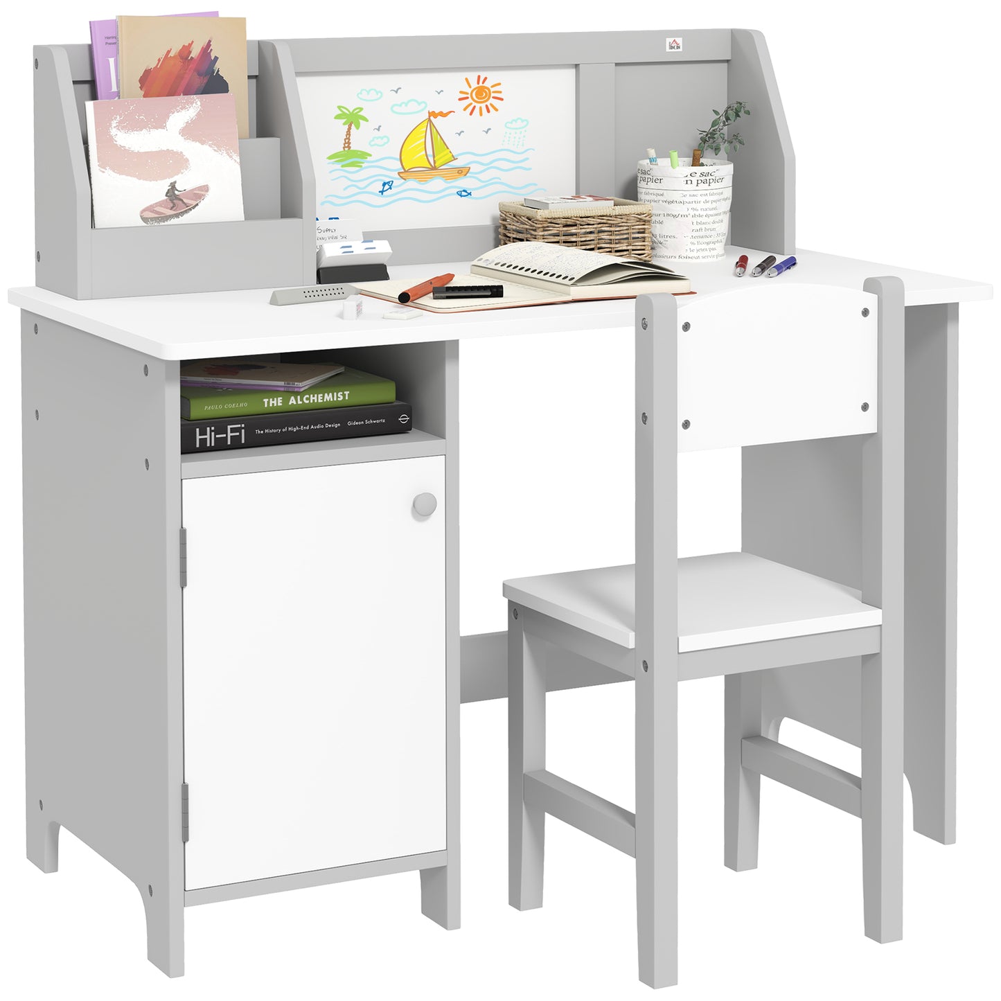 Qaba Kids Writing Desk with Whiteboard, Storage Cabinet, Gray