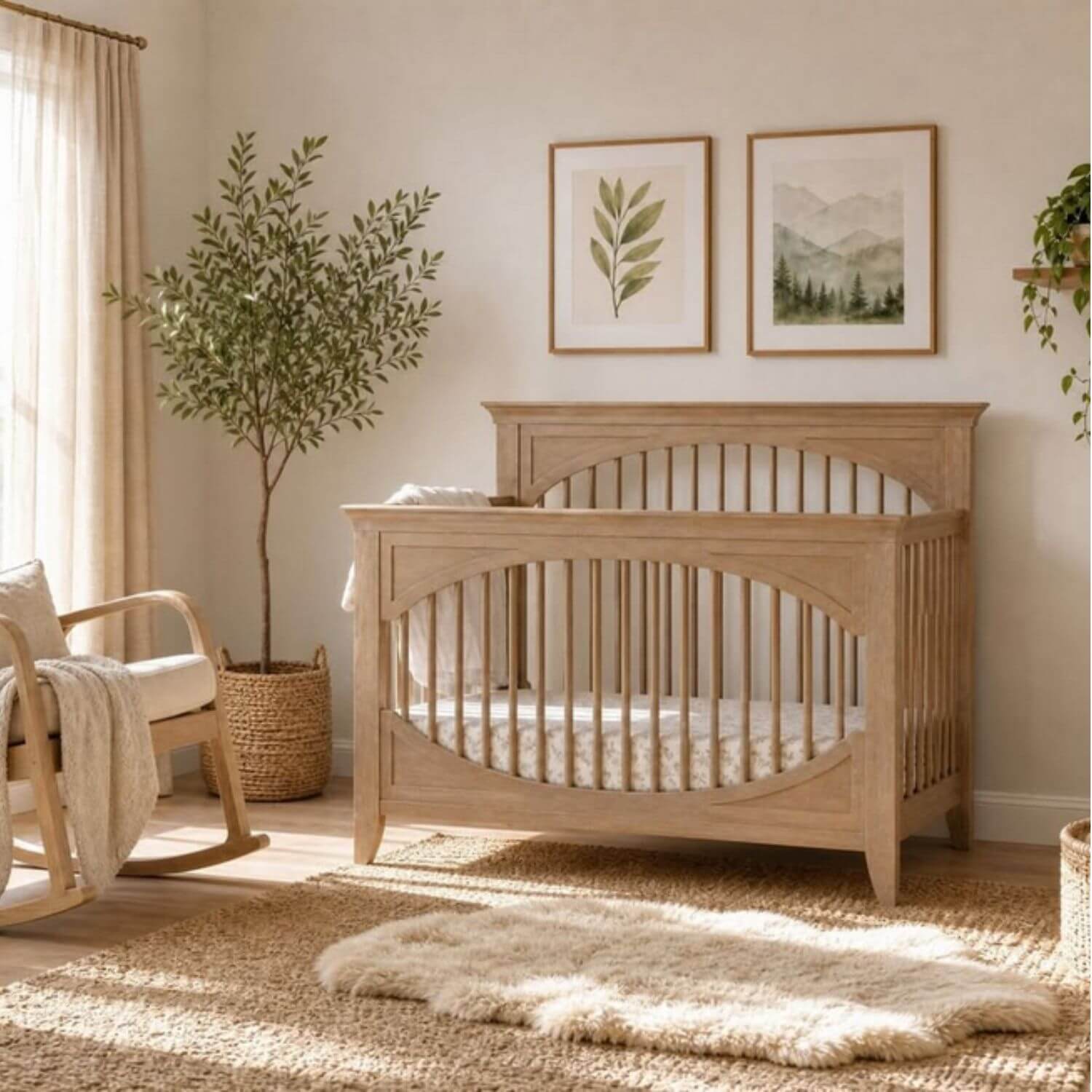 Nursery room with wooden crib, rocking chair, and decorative plants.
