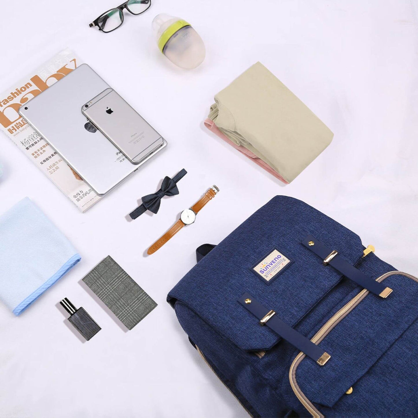 Sunveno Canvas Diaper Backpack - Navy with laptop and other items