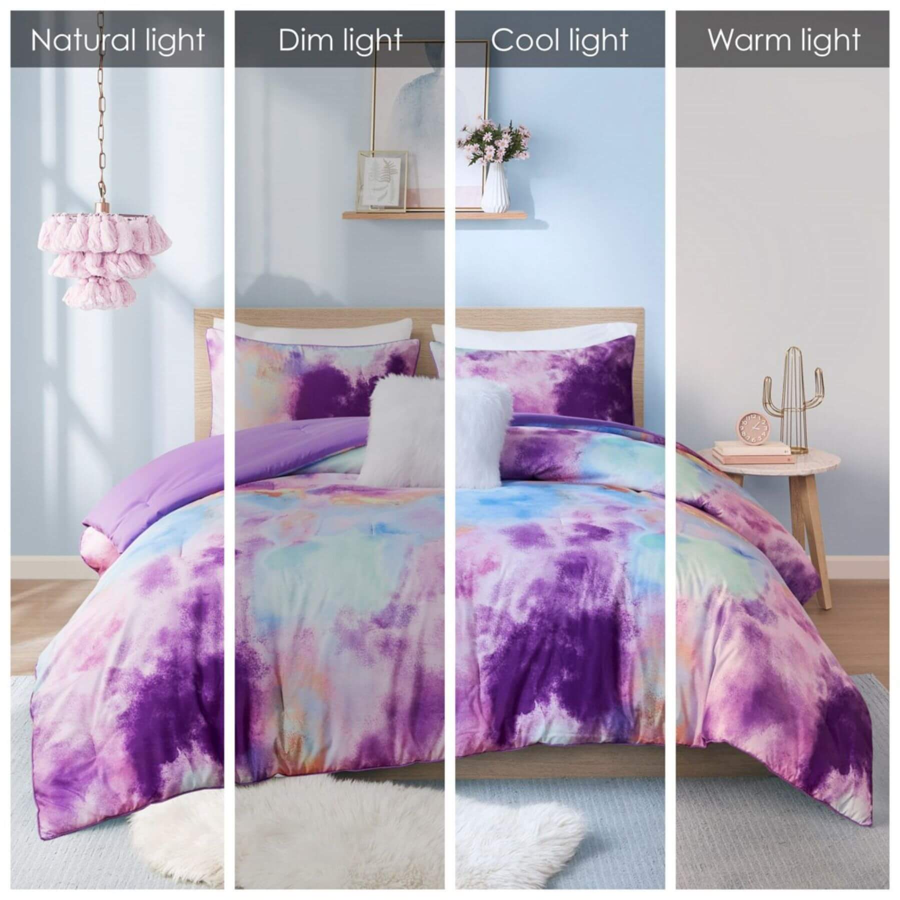 Cassiopeia Watercolor Tie Dye Printed Comforter Set Lavender - 4 Degrees of Light View