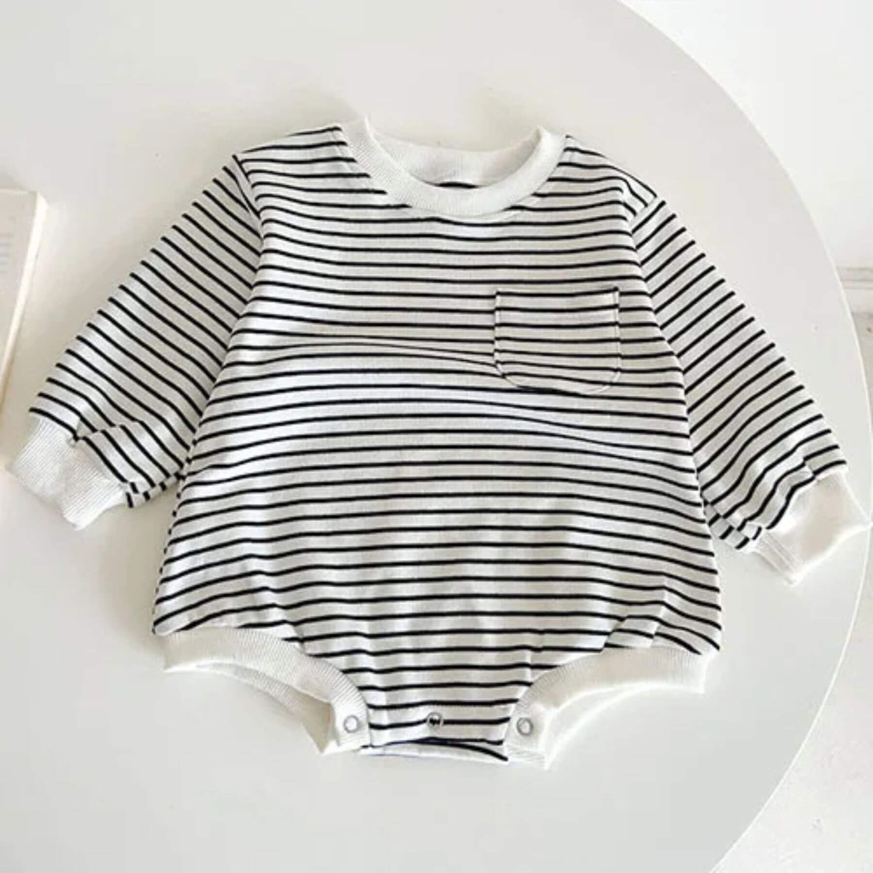 Casual Stripe Cotton Bodysuit - Black