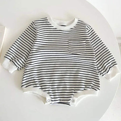 Casual Stripe Cotton Bodysuit - Black