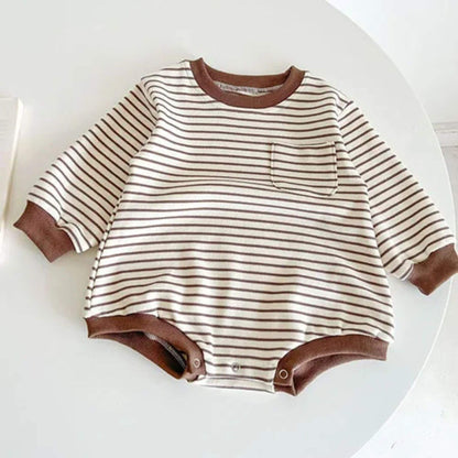 Casual Stripe Cotton Bodysuit - Brown