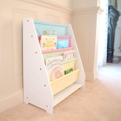 Charlie White Kids Wooden Canvas Sling Magazine Bookcase with books