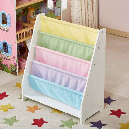 Charlie White Kids Wooden Canvas Sling Magazine Bookcase in playroom