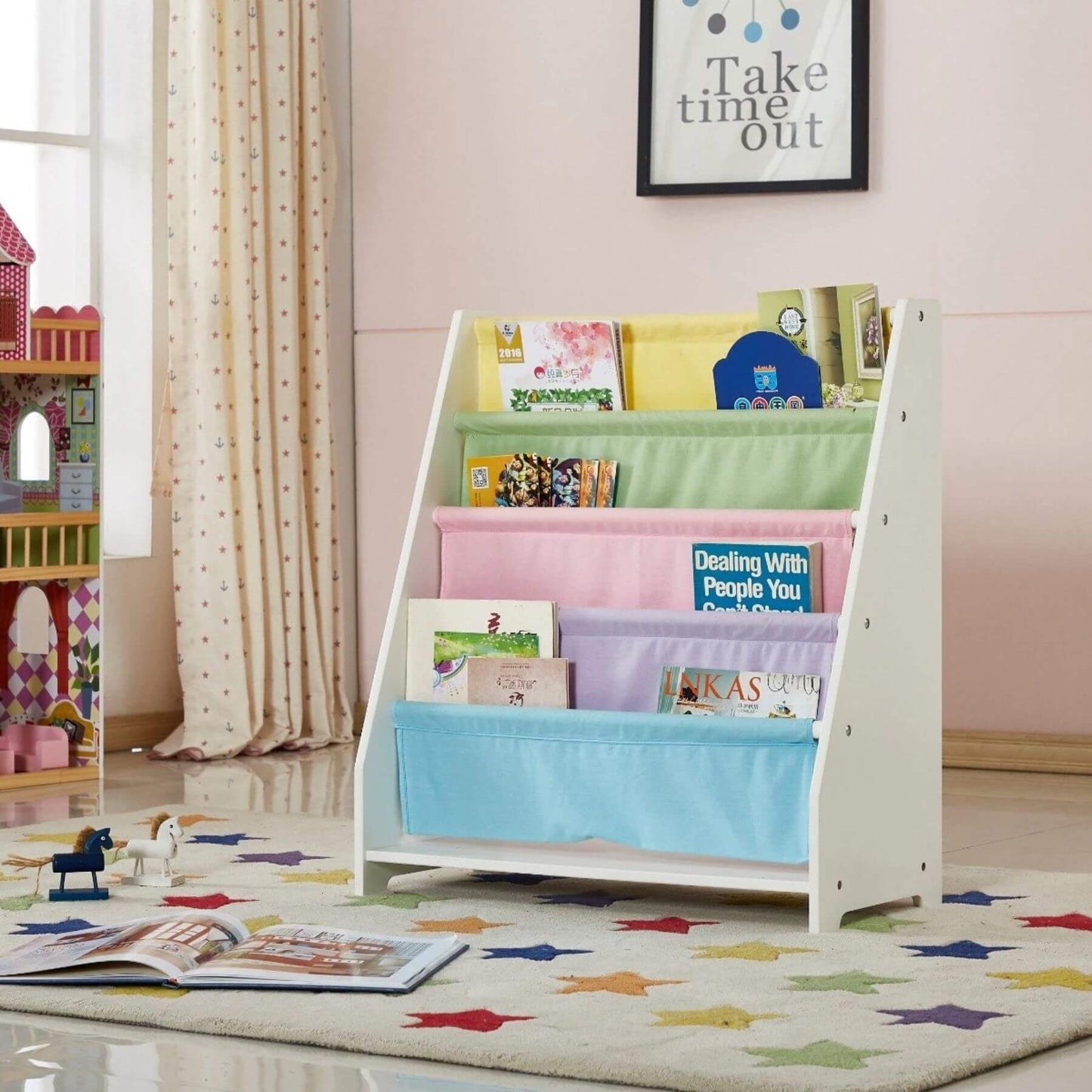 Charlie White Kids Wooden Canvas Sling Magazine Bookcase with books