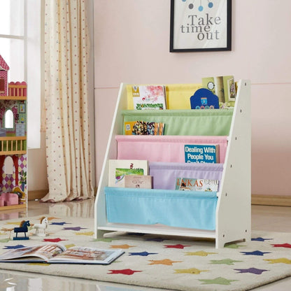 Charlie White Kids Wooden Canvas Sling Magazine Bookcase with books