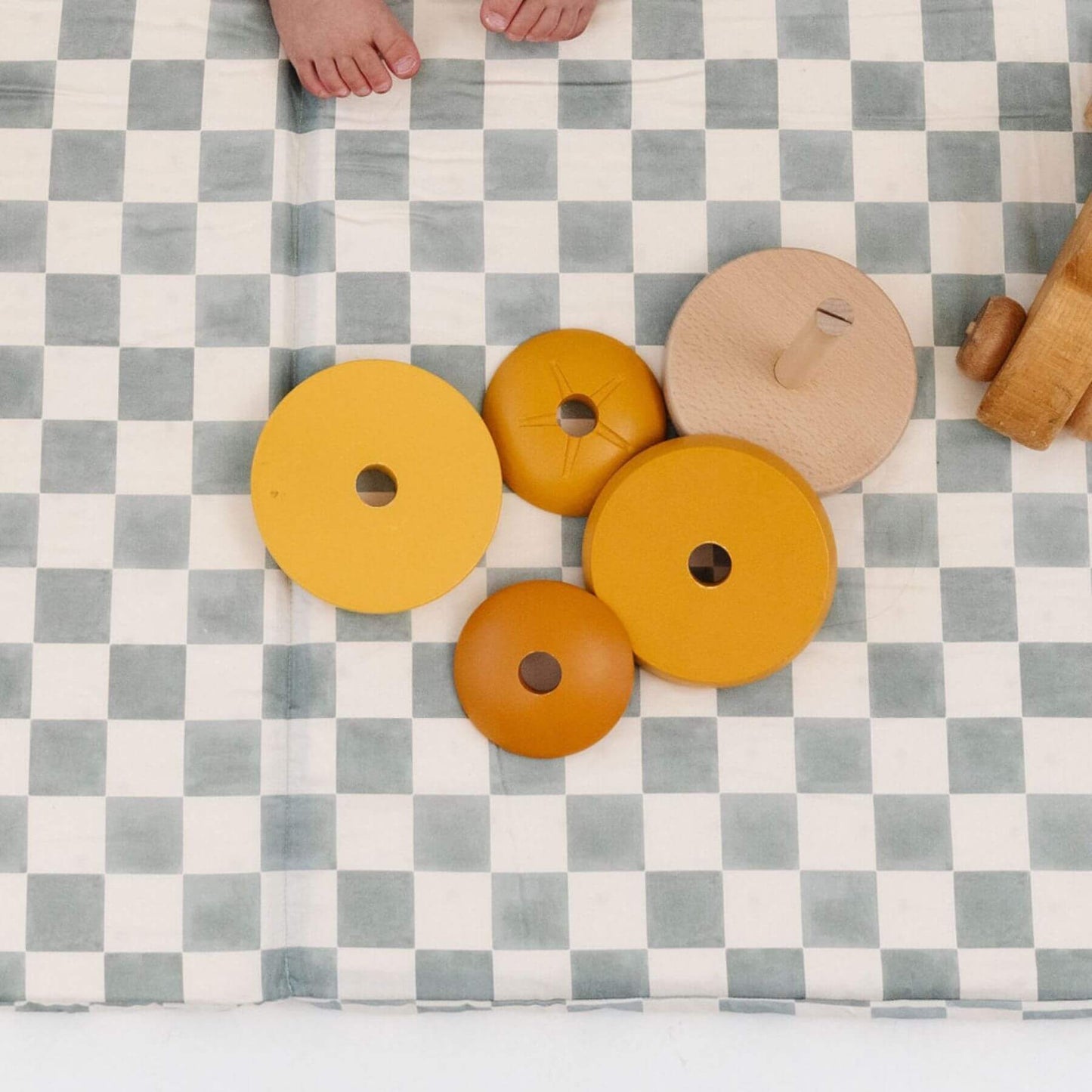Wooden toys on Toki Kids Checker Matcha Organic Cotton Mat