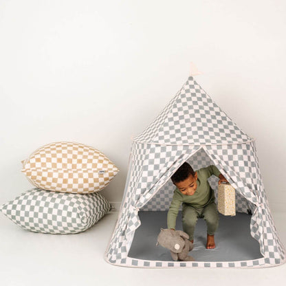 Boy playing toys in Toki Kids Checker Matcha Play Tent