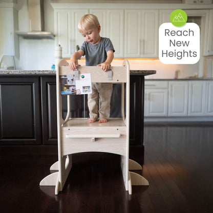 Boy Standing on Little Partners Chef Series Learning Tower Natural