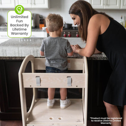 Boy Standing on Little Partners Chef Series Learning Tower Natural, with Mom