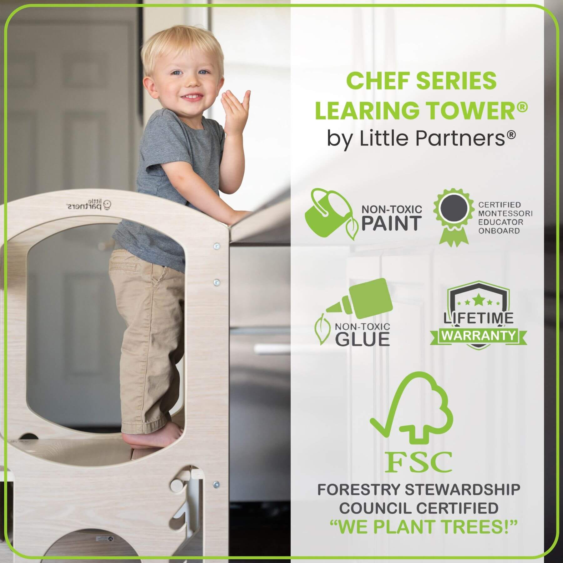 Boy Standing on Little Partners Chef Series Learning Tower Natural
