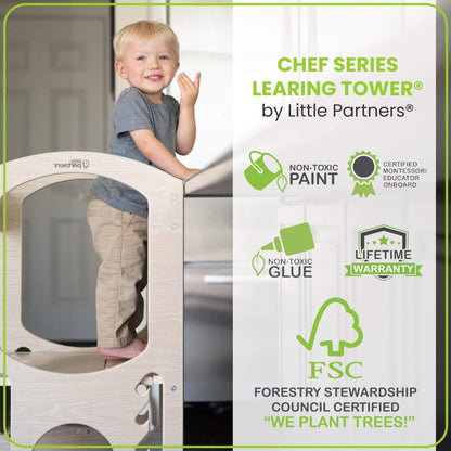 Boy Standing on Little Partners Chef Series Learning Tower Natural