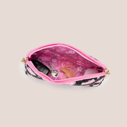 A small zippered pouch shown open on a plain light beige background.