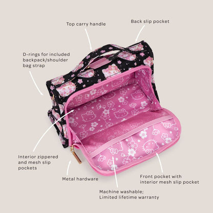 Hello Kitty® × JuJuBe Cherry Blossoms Bestie Small Messenger Handbag shown open with multiple labeled callouts pointing to features