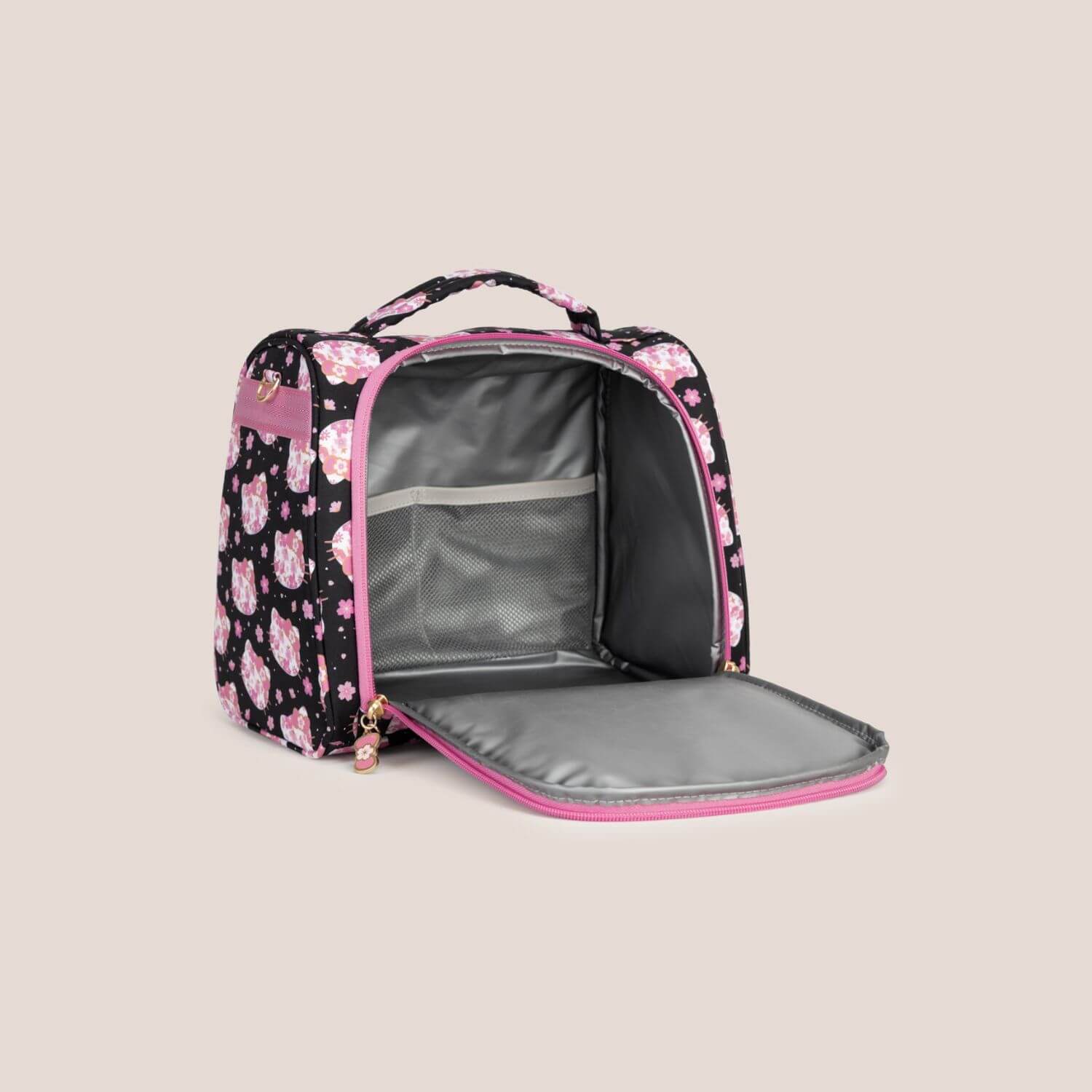 Hello Kitty® × JuJuBe Cherry Blossoms Insulated Bottle Bag with an open front zipper, showing a gray interior
