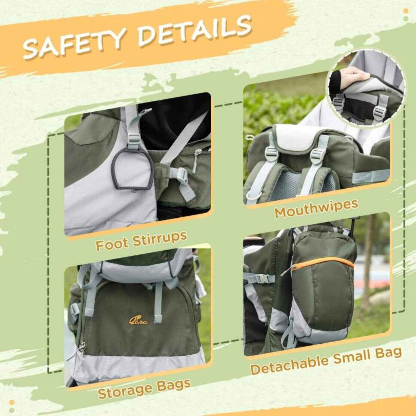 Detail of Qaba Child Carrier Hiking with Sun Canopy Rain Cover Green