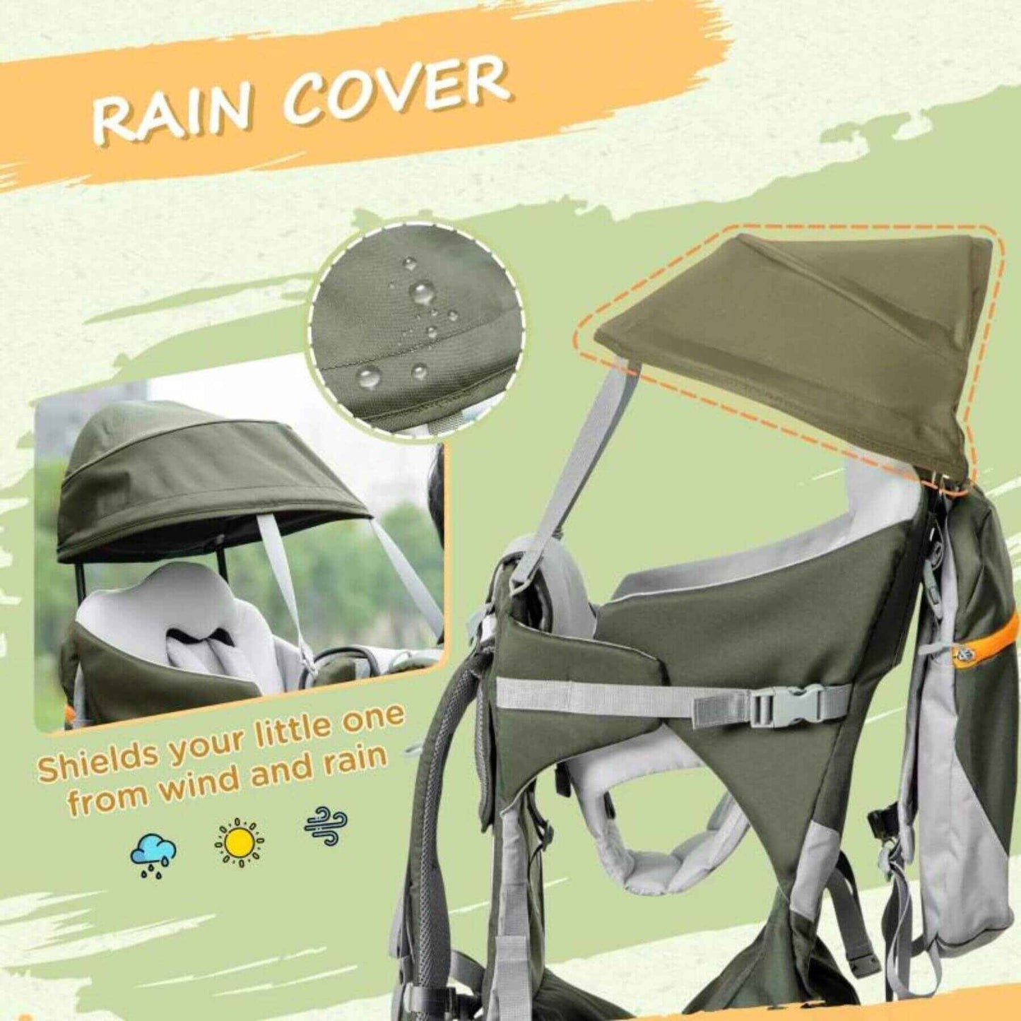 Detail of Qaba Child Carrier Hiking with Sun Canopy Rain Cover Green