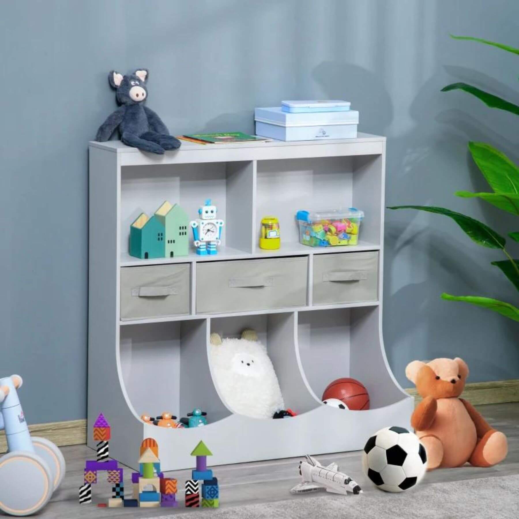 HomCom Children Display Bookshelf with Toy Storage Organizer Grey