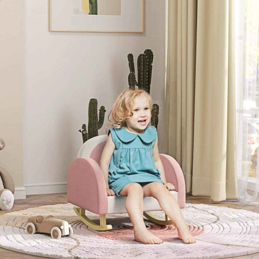 Girl Sitting on Qaba Children's Armchair Rocker for Bedroom, Playroom, Pink