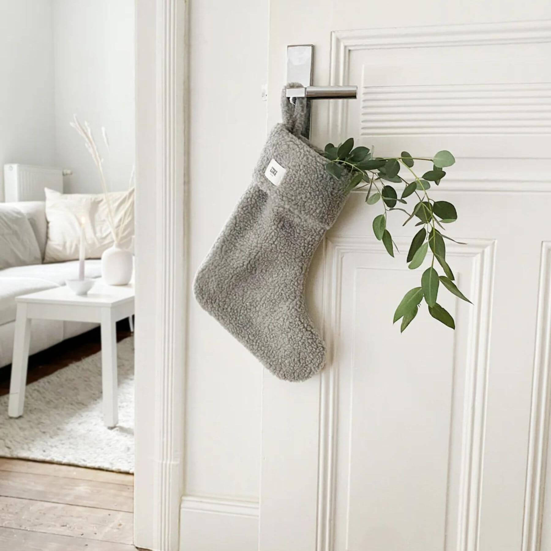 Unique Love Design Christmas Stocking Toddy Cozy Grey Hanging on Door