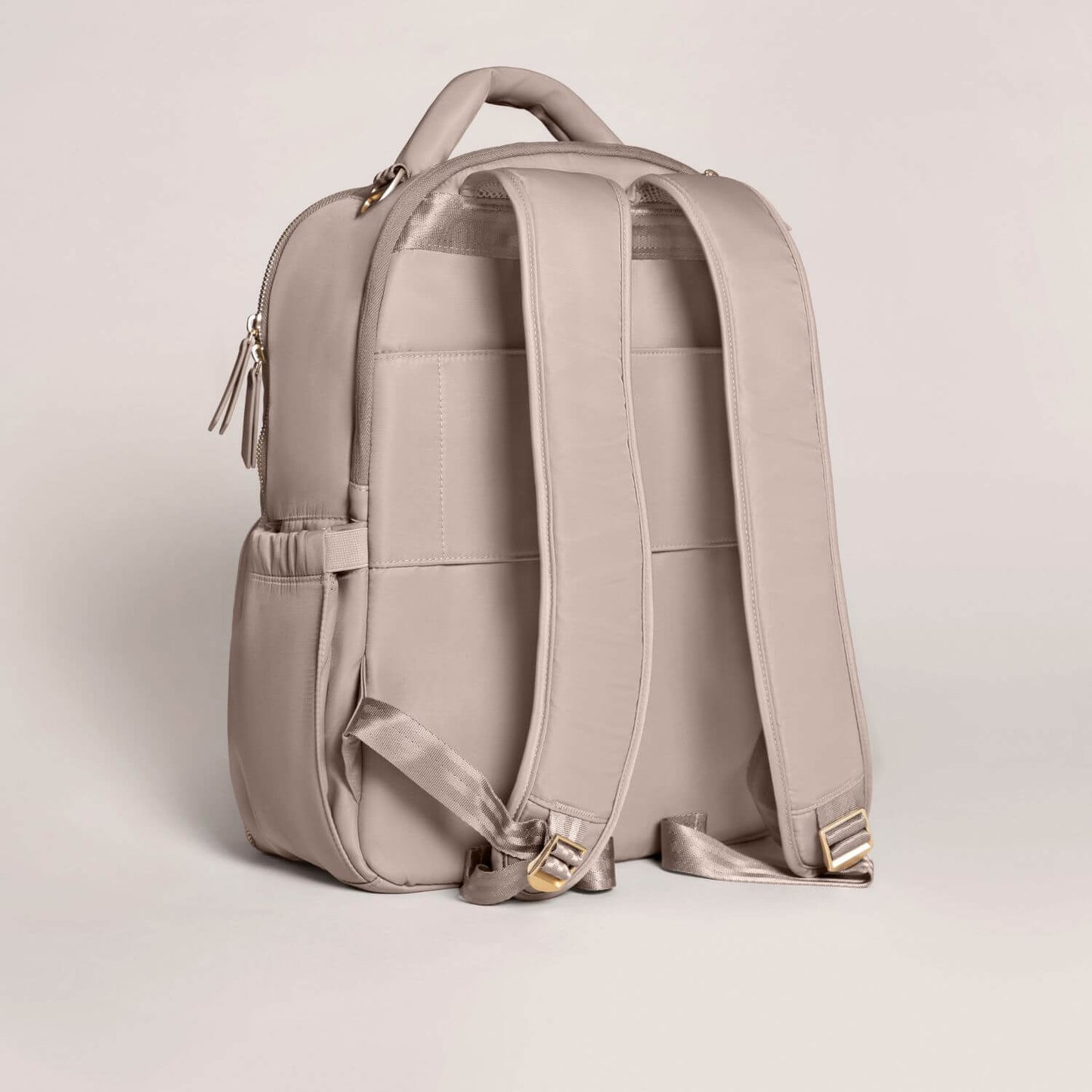 Back Side View of JuJuBe Classic Diaper Backpack Taupe