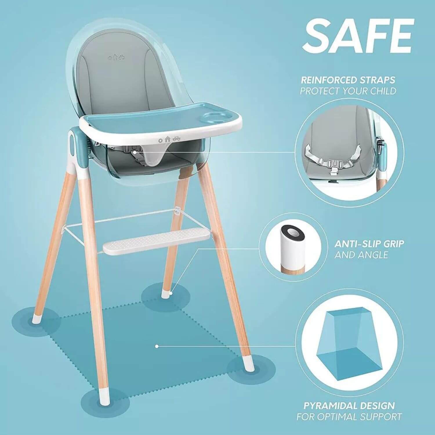 Children Of Design 6 in 1 Classic High Chair in Blue - Detail