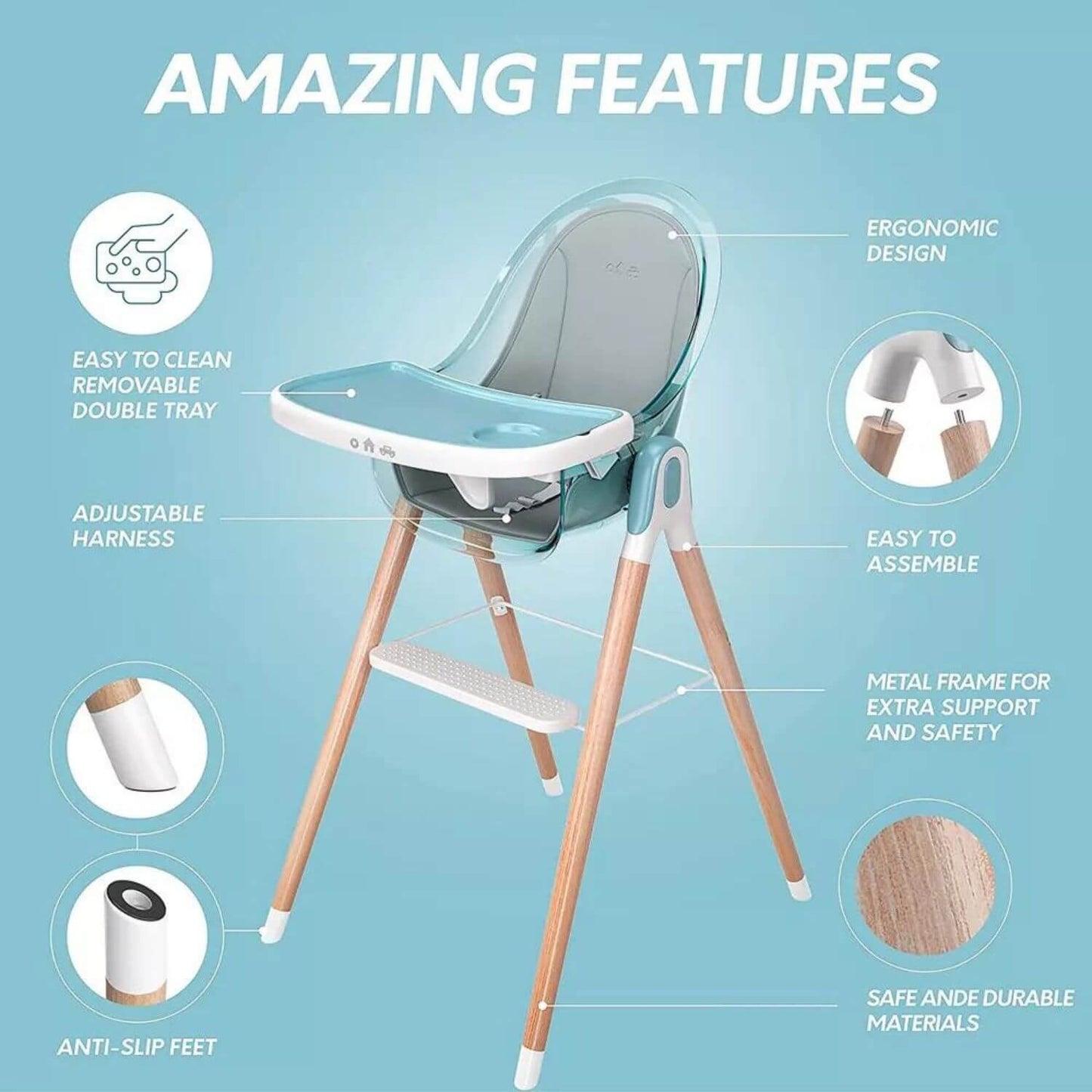 Children Of Design 6 in 1 Classic High Chair in Blue - Detail