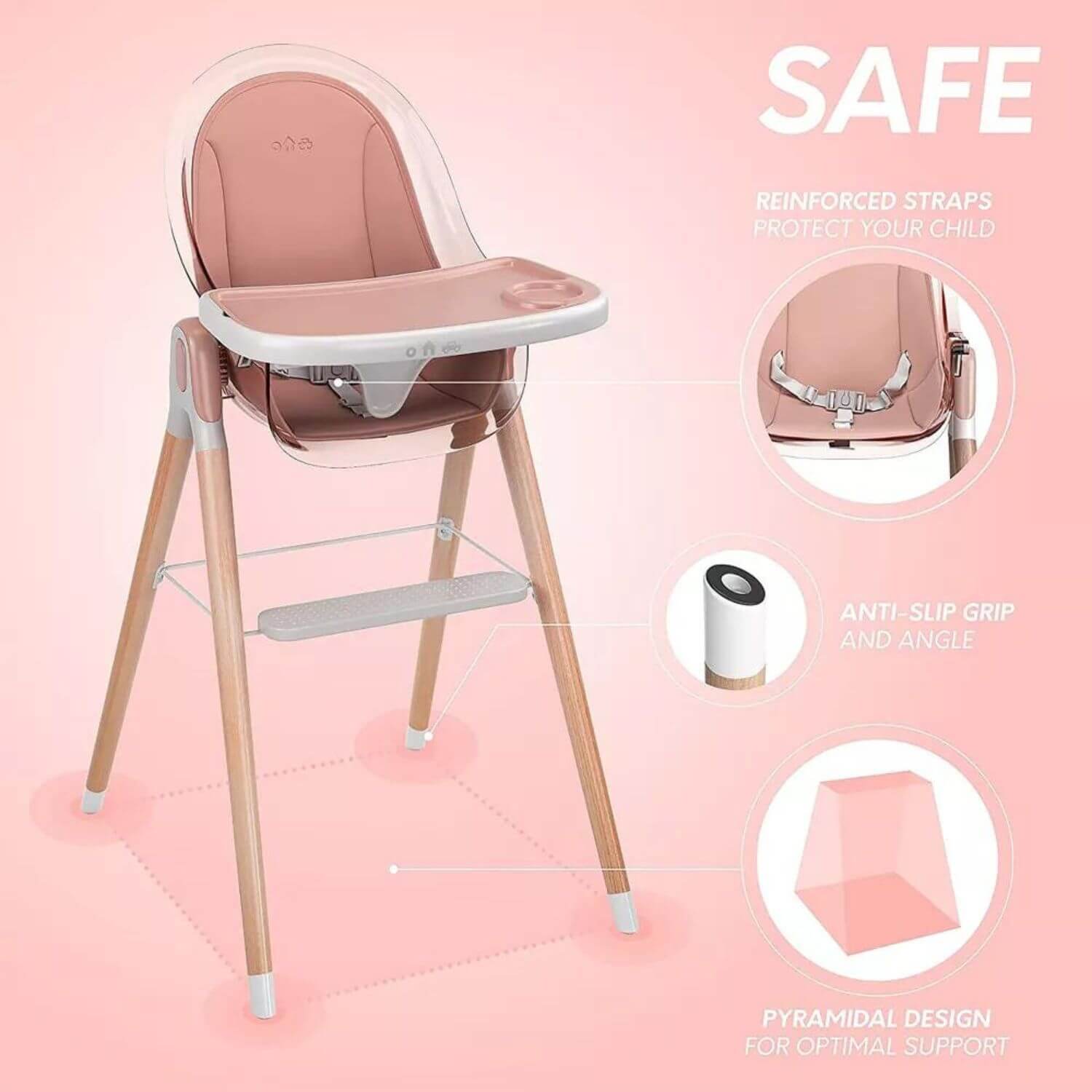 Children Of Design 6 in 1 Classic High Chair in Pink - Detail